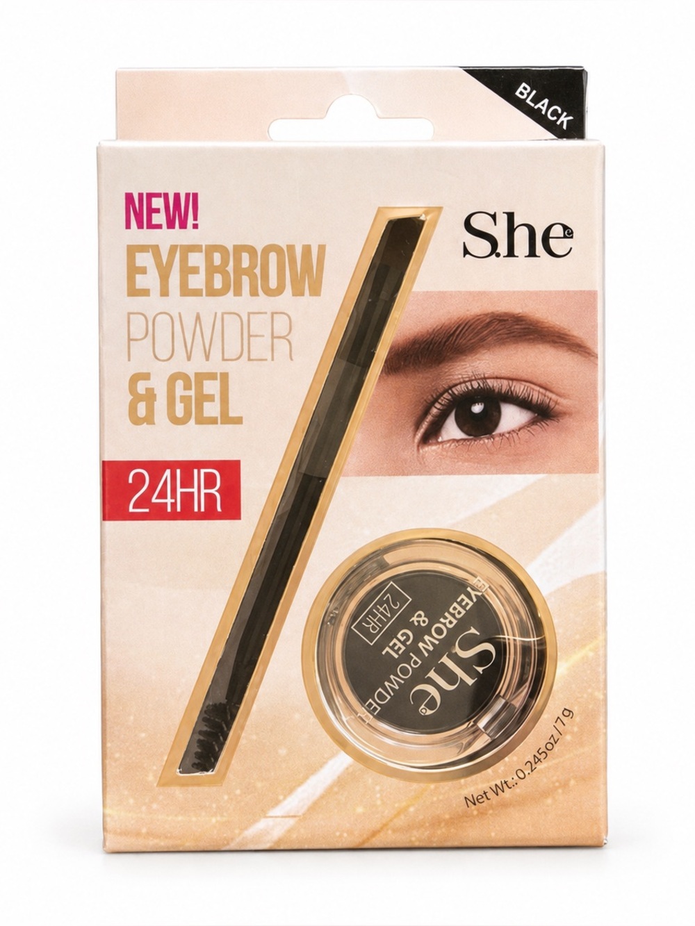 She Makeup Black 2-in-1 24 Hour Eyebrow Powder Gel Brow Eyeliner Brush Spoolie